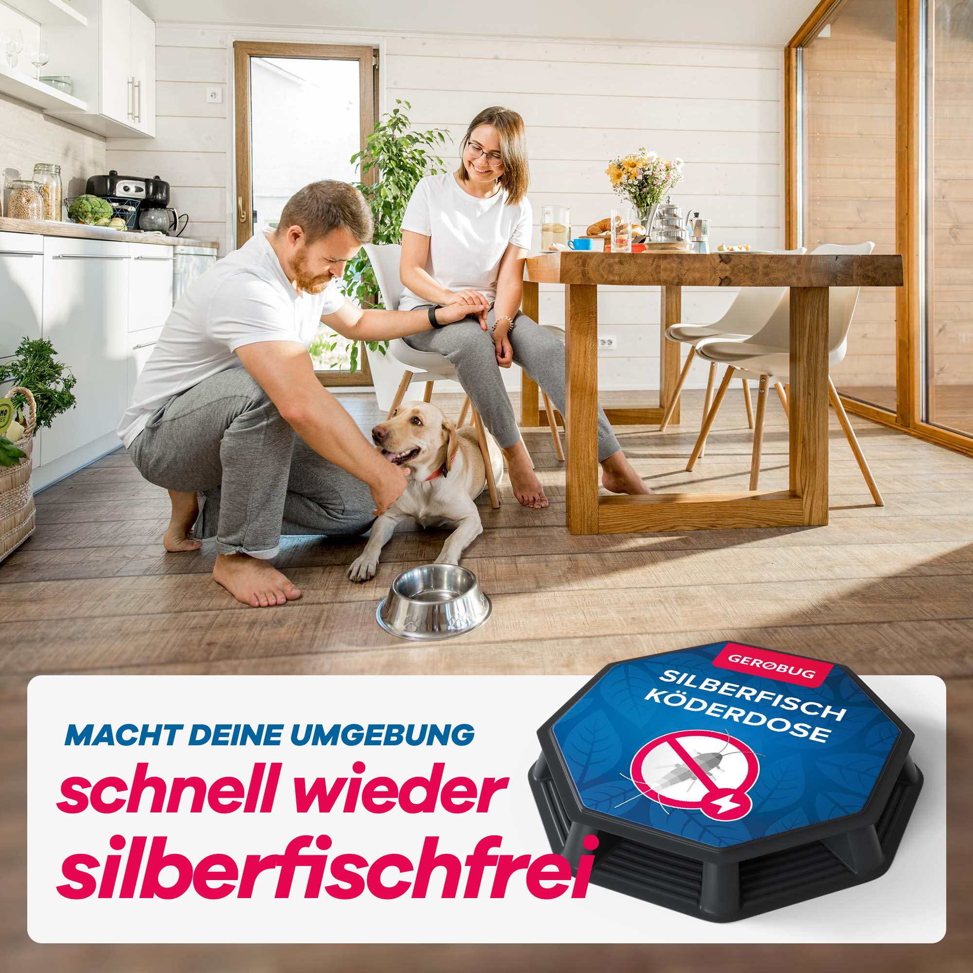 Paar mit Hund in der Küche, bewirbt Silberfisch-Köderdose, die schnell eine silberfischfreie Umgebung schafft.
