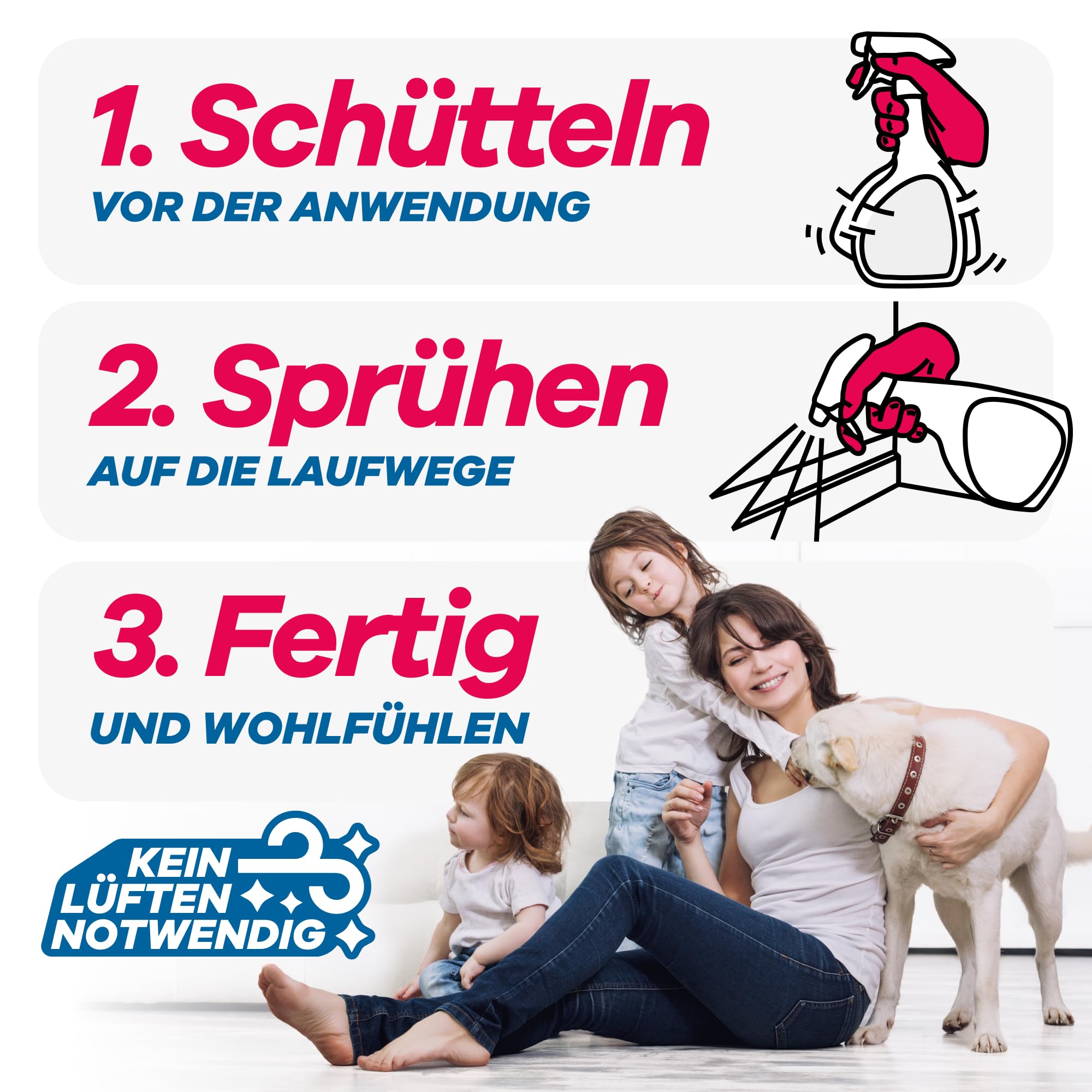 Schütteln, sprühen, fertig – Frau mit Kindern und Hund zeigt die einfache Anwendung des Silberfischsprays