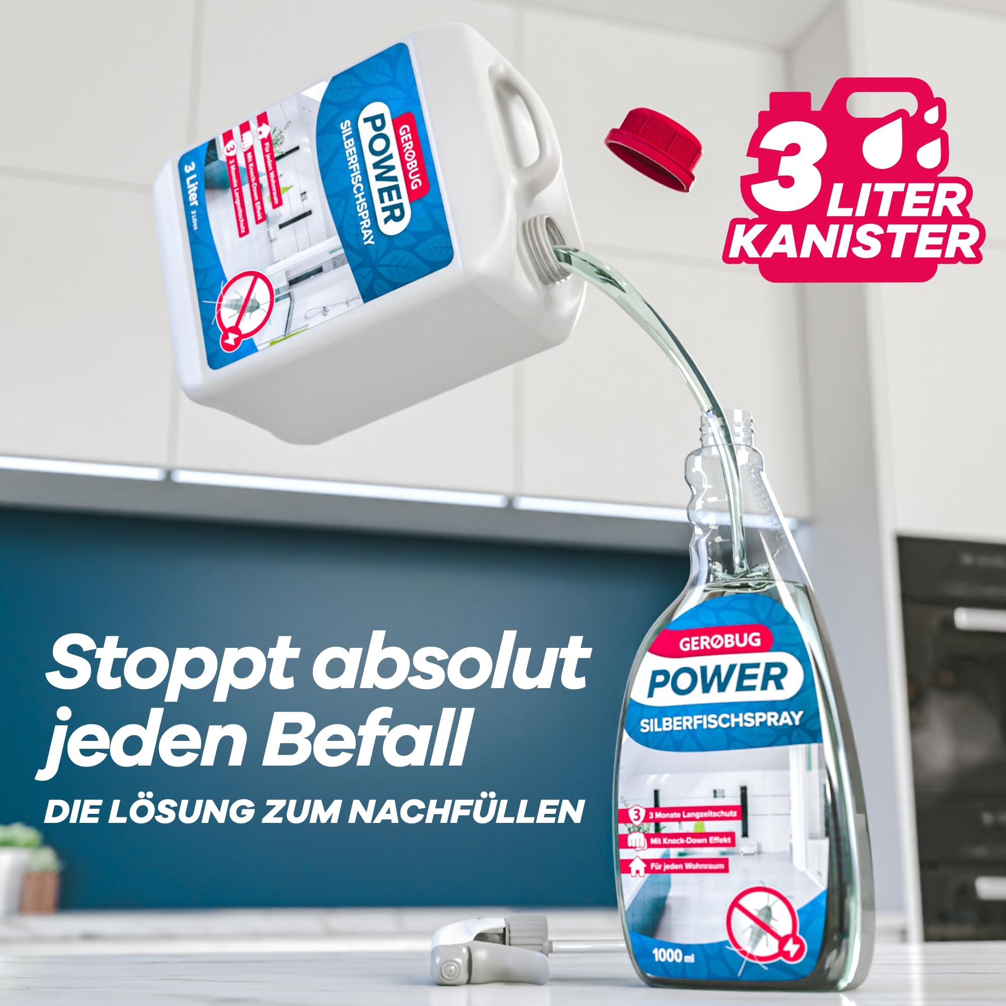 Gerobug Power Silberfischspray Nachfülllösung in 3-Liter-Kanister, stoppt effektiv jeden Befall