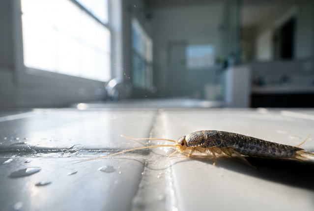 Makroaufnahme eines Silberfischchens auf sauberen Badezimmerfliesen bei hellem Licht.