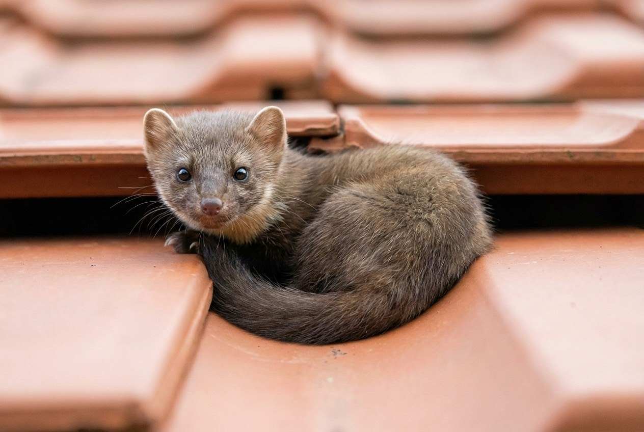 Steinmarder schlüpft durch Dachziegel, effektive Marderabwehr am Haus