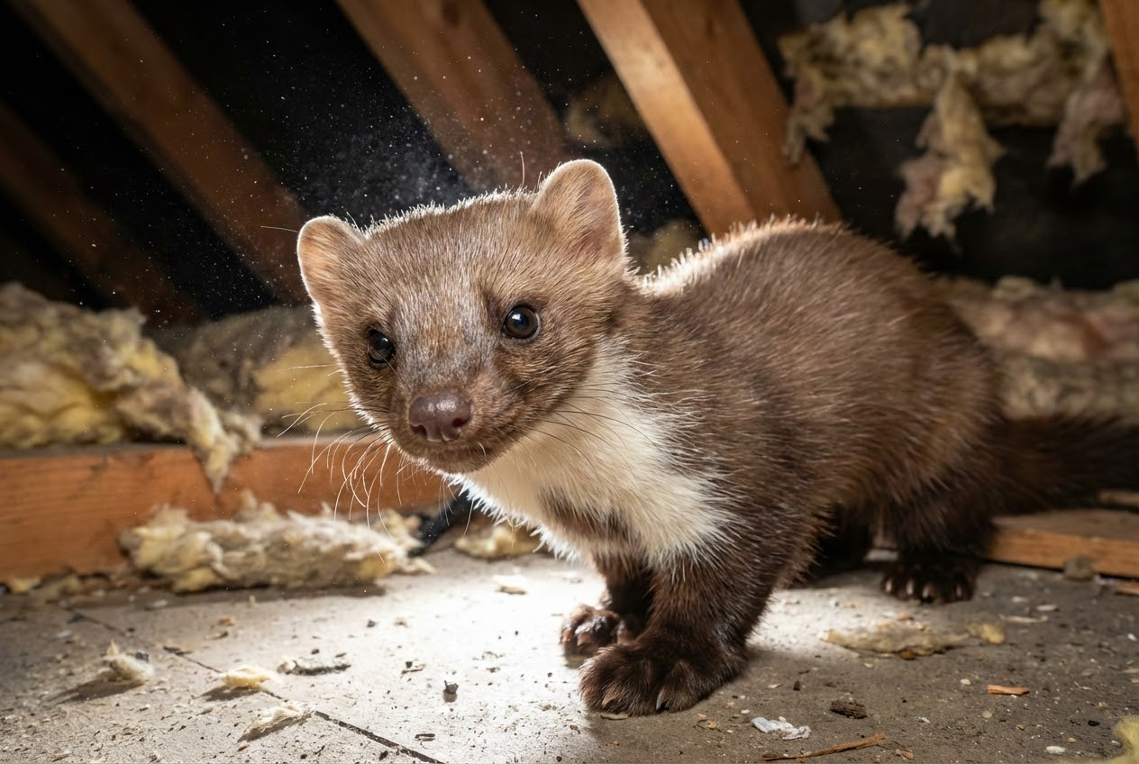 Steinmarder auf Dachboden im Scheinwerferlicht bei beschädigter Isolierung
