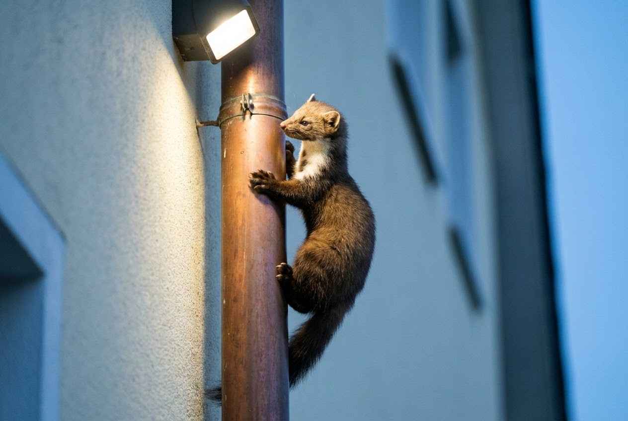 Steinmarder klettert nachts an einem Fallrohr hoch – Marderschutz-Analyse