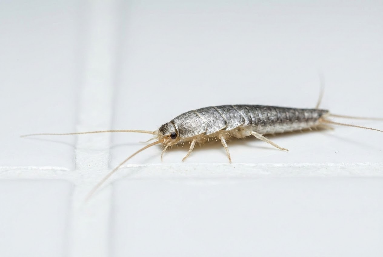 Makroaufnahme eines Silberfisches auf einer sauberen weißen Fliese.