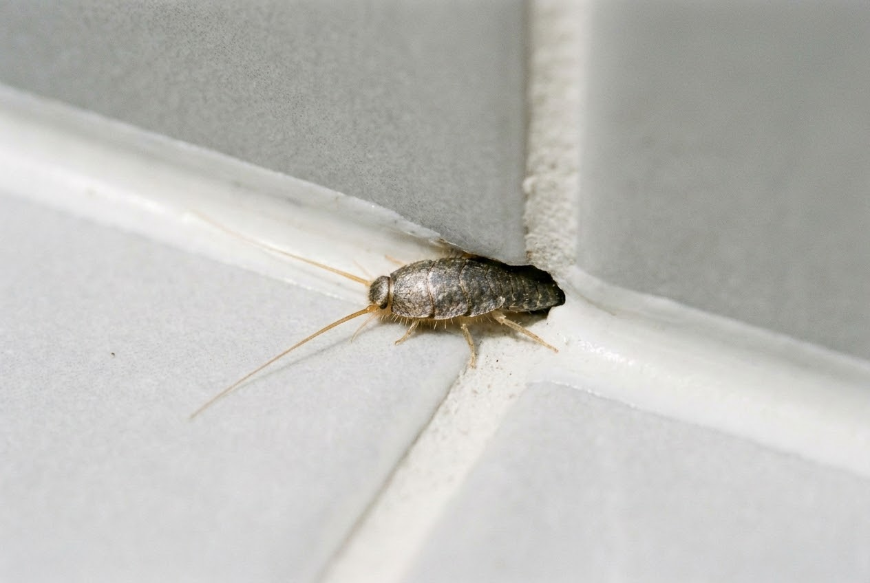 Makroaufnahme eines Silberfischchens in einer Badezimmerfuge unter hellem Licht.