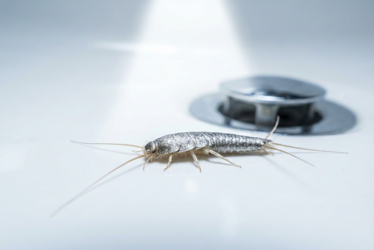 Detailaufnahme eines Silberfischchens auf weißer Badkeramik