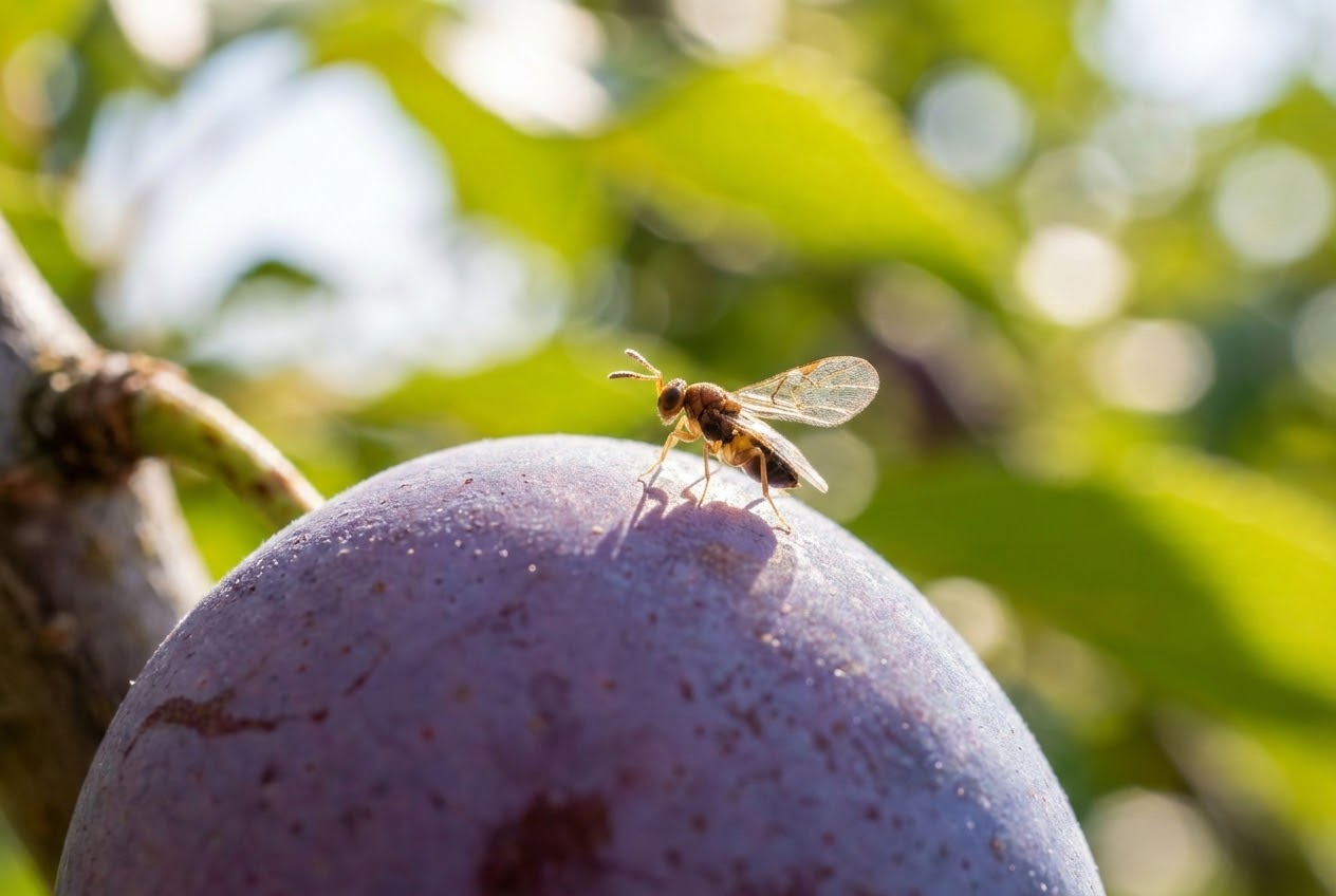 Makroaufnahme einer Trichogramma Schlupfwespe auf einer reifen Pflaume zur biologischen Schädlingsbekämpfung.