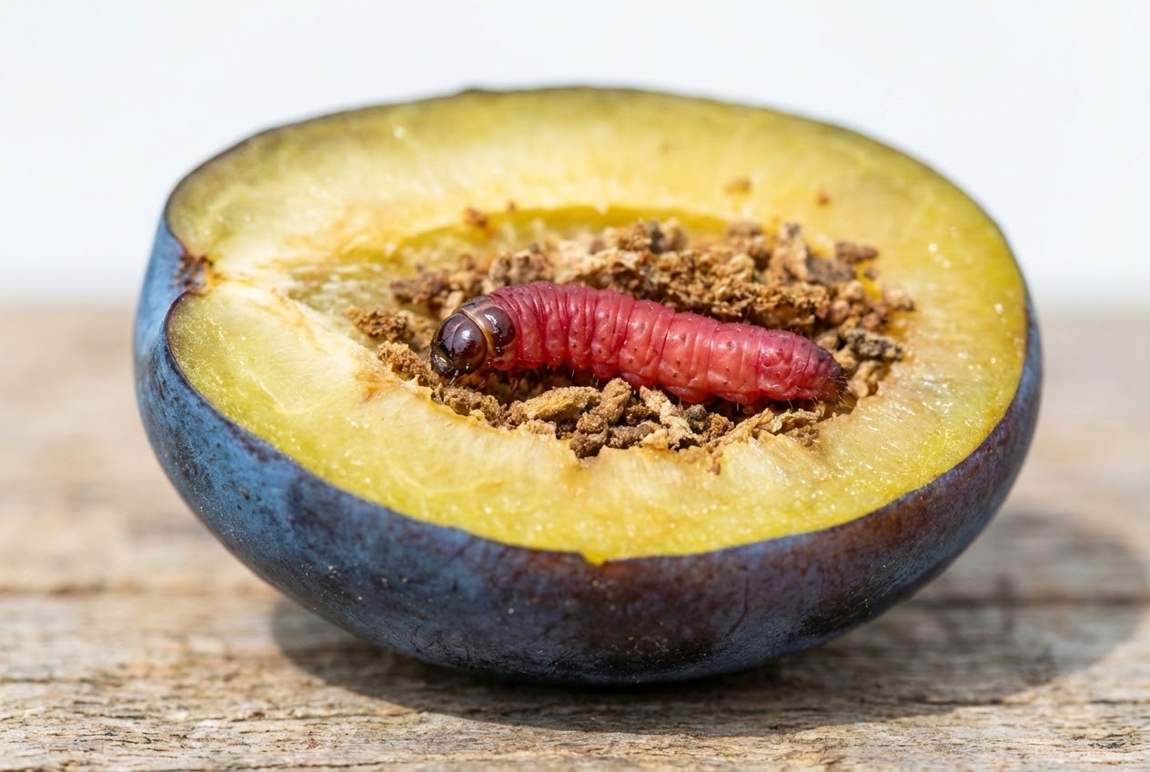 Makroaufnahme einer roten Pflaumenwickler-Larve im Inneren einer Pflaume.