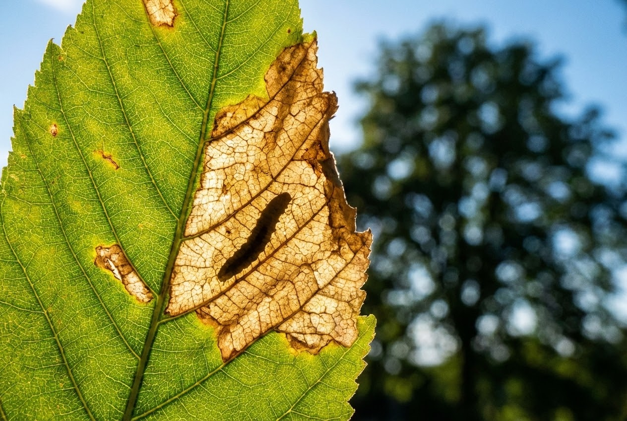 Makroaufnahme einer Kastanienminiermotte Larve in einem braunen Blatt gegen die Sonne.