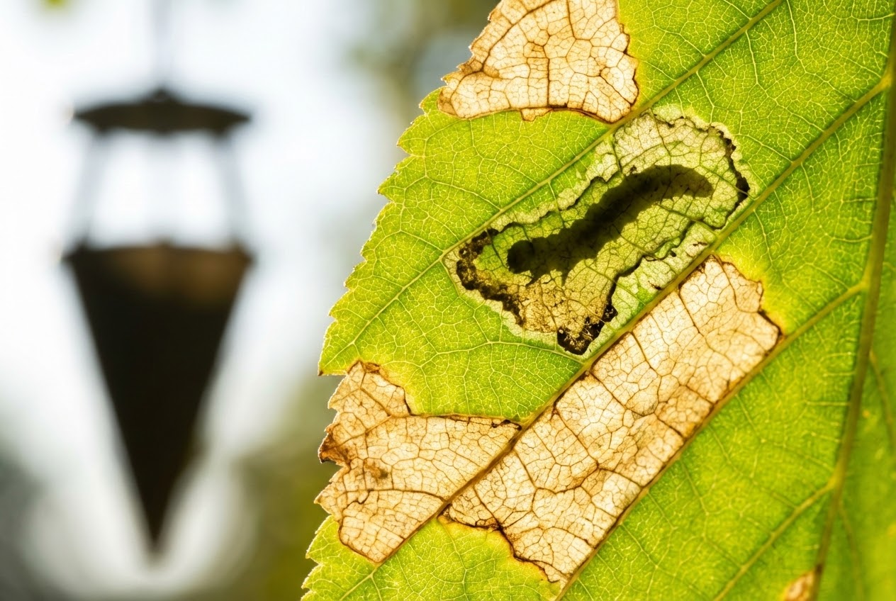 Makroaufnahme einer Kastanienminiermotte Larve in einem Rosskastanienblatt gegen die Sonne.
