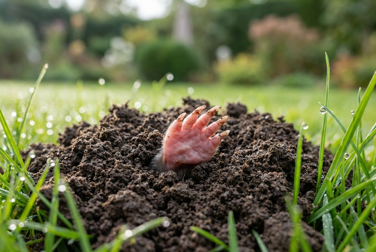 Maulwurfspfote bricht aus einem Erdhügel im sonnigen Garten hervor.