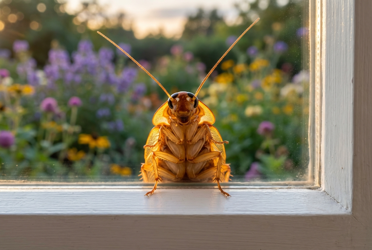 Makroaufnahme einer Bernstein-Waldschabe auf einem hellen Fensterrahmen zur Identifikation.