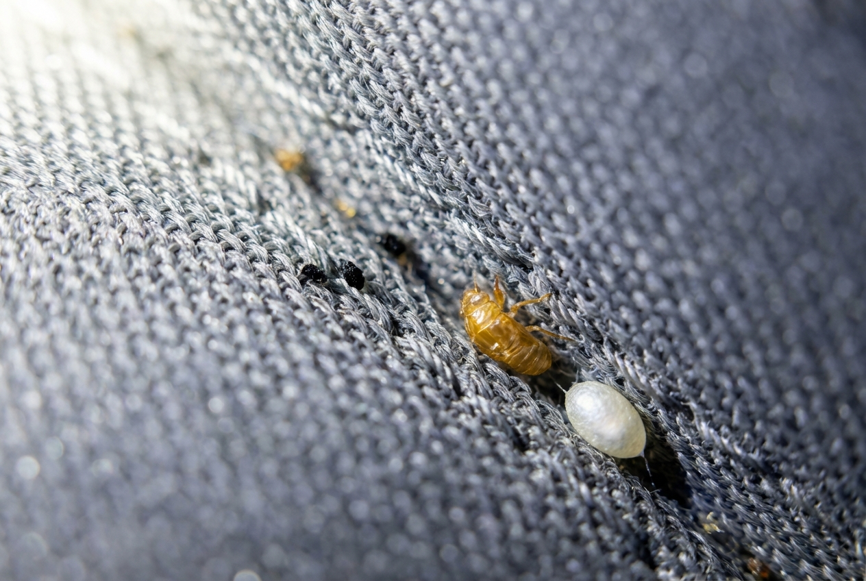 Makroaufnahme einer Autositznaht mit verräterischen Spuren von Bettwanzen: Kotpunkte und eine leere Hülle.