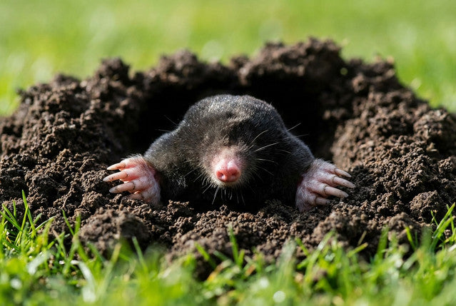 Extreme Nahaufnahme eines Maulwurfs in seinem Hügel auf grünem Rasen.