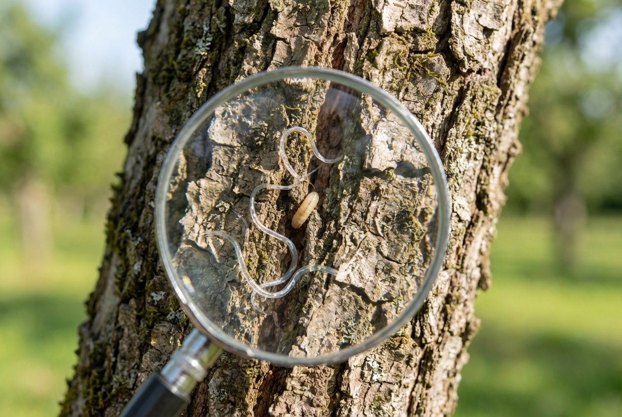 Makroaufnahme einer Apfelwicklerlarve unter der Baumrinde mit mikroskopischen Nematoden.