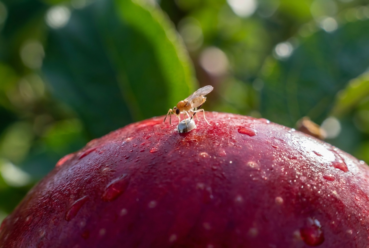 Makroaufnahme einer Trichogramma Schlupfwespe bei der Parasitierung eines Apfelwickler-Eies auf einer Apfelschale.