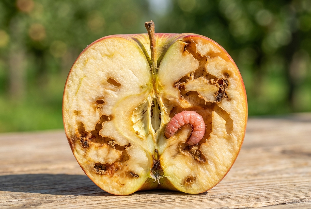 Makroaufnahme einer Apfelwickler-Larve in den Fraßgängen eines aufgeschnittenen Apfels.