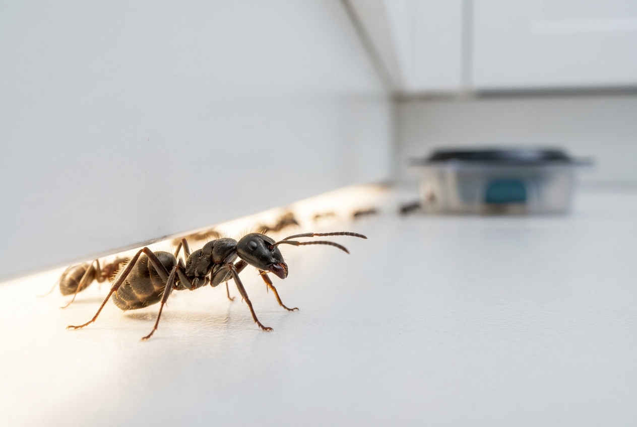 Makroaufnahme einer Ameise auf einer hellen Küchenoberfläche vor einer Köderdose.