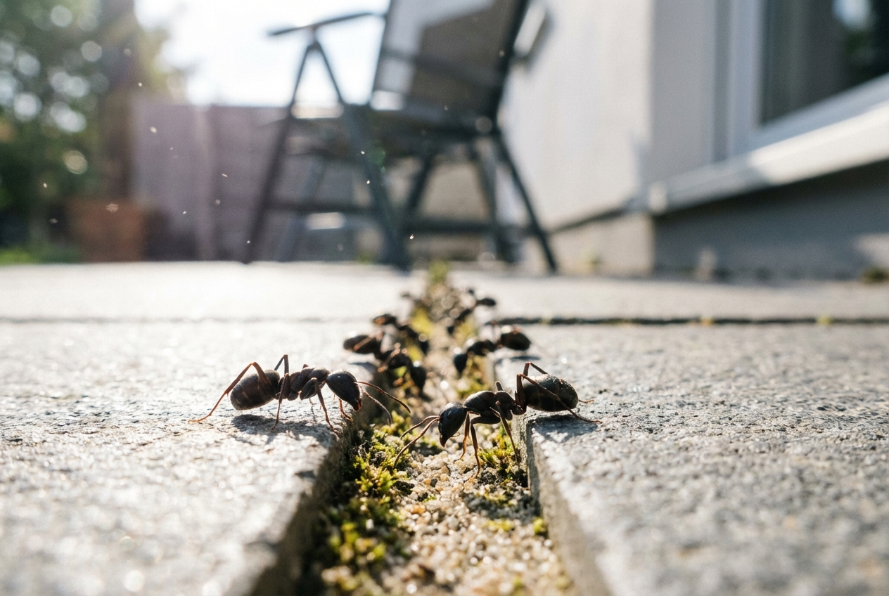 Nahaufnahme von Ameisen auf einer hellen Balkonfuge bei Sonnenlicht.
