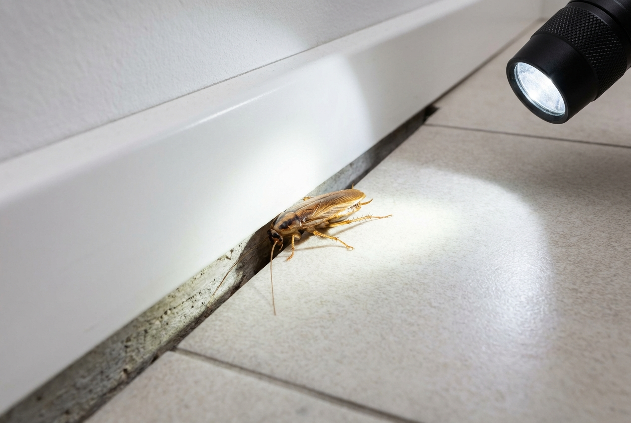 Nahaufnahme einer versteckten Kakerlake in einer hellen Küchenritze unter der Fußleiste.