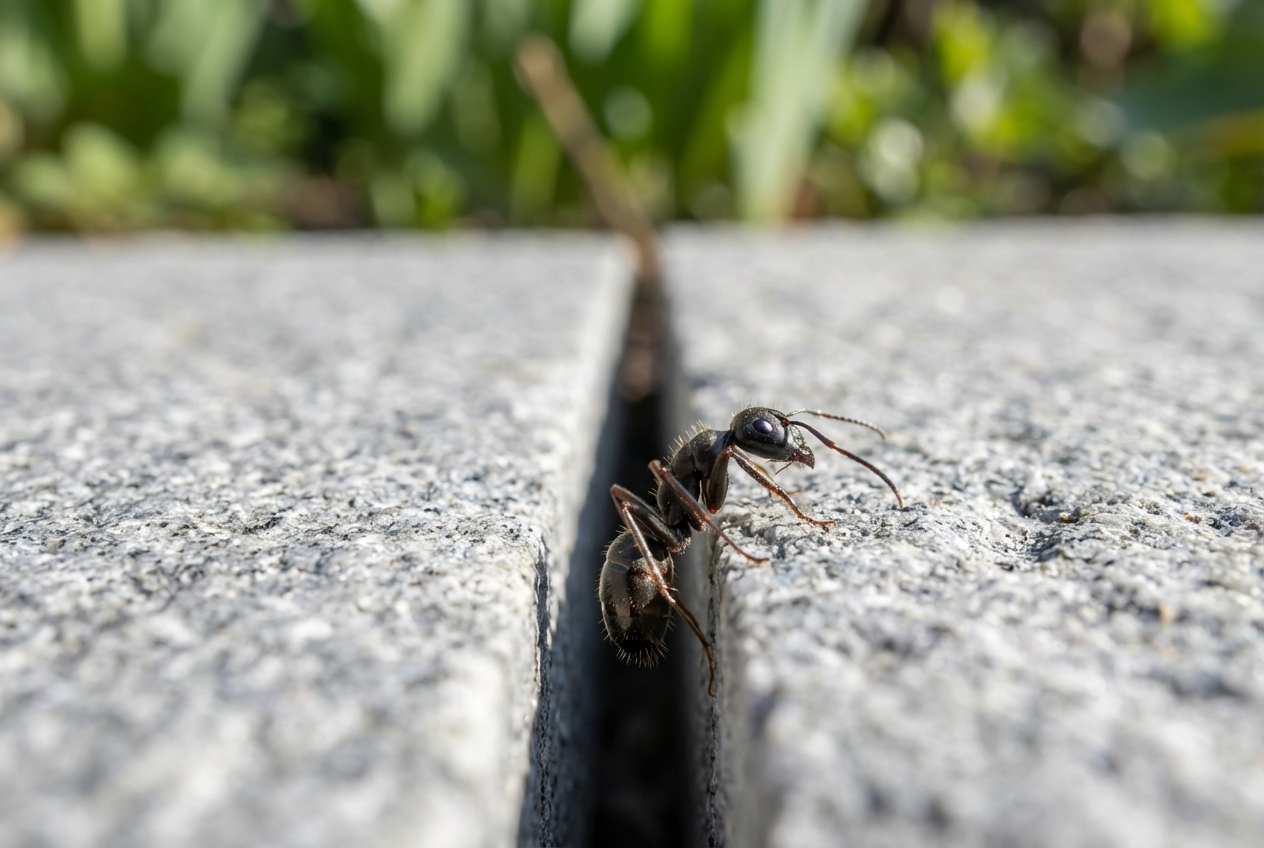 Makroaufnahme einer Schwarzen Wegameise (Lasius niger) in einer Terrassenfuge bei Sonnenlicht.