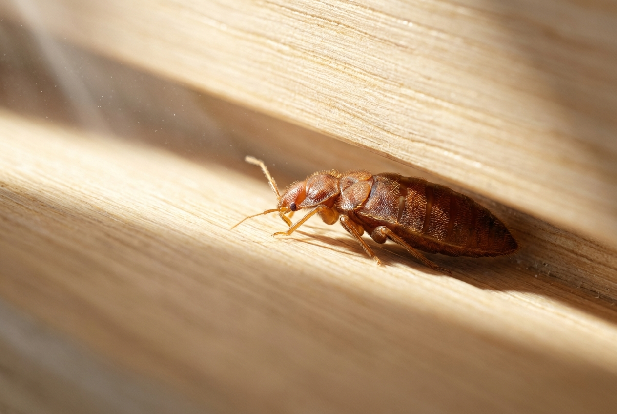 Makroaufnahme einer Bettwanze Cimex lectularius in einer Holzritze