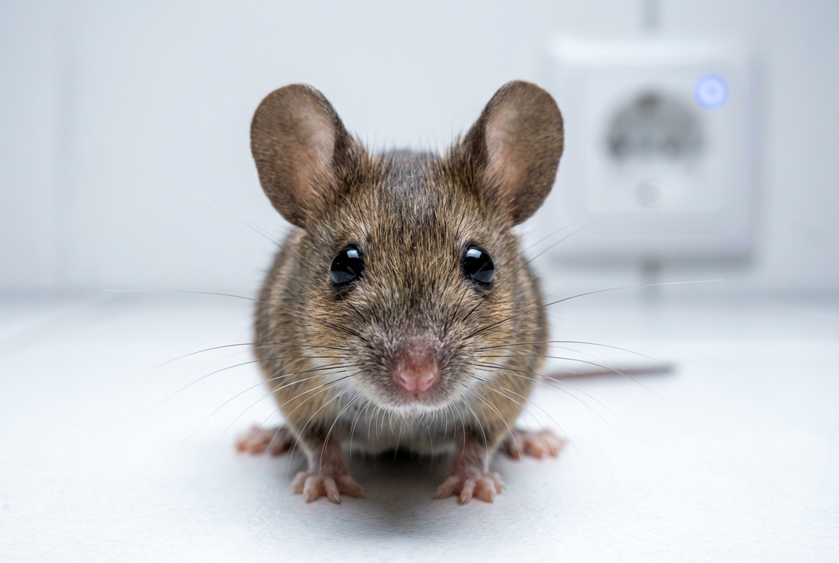 Hausmaus Mus musculus im Fokus vor einem Ultraschallgerät in hellem Raum.