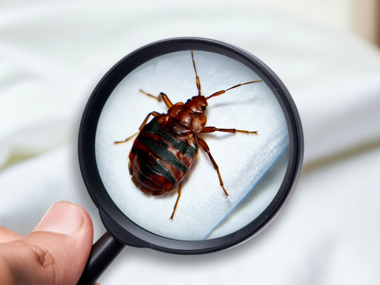 Eine Bettwanze mit einer Lupe vergrößert