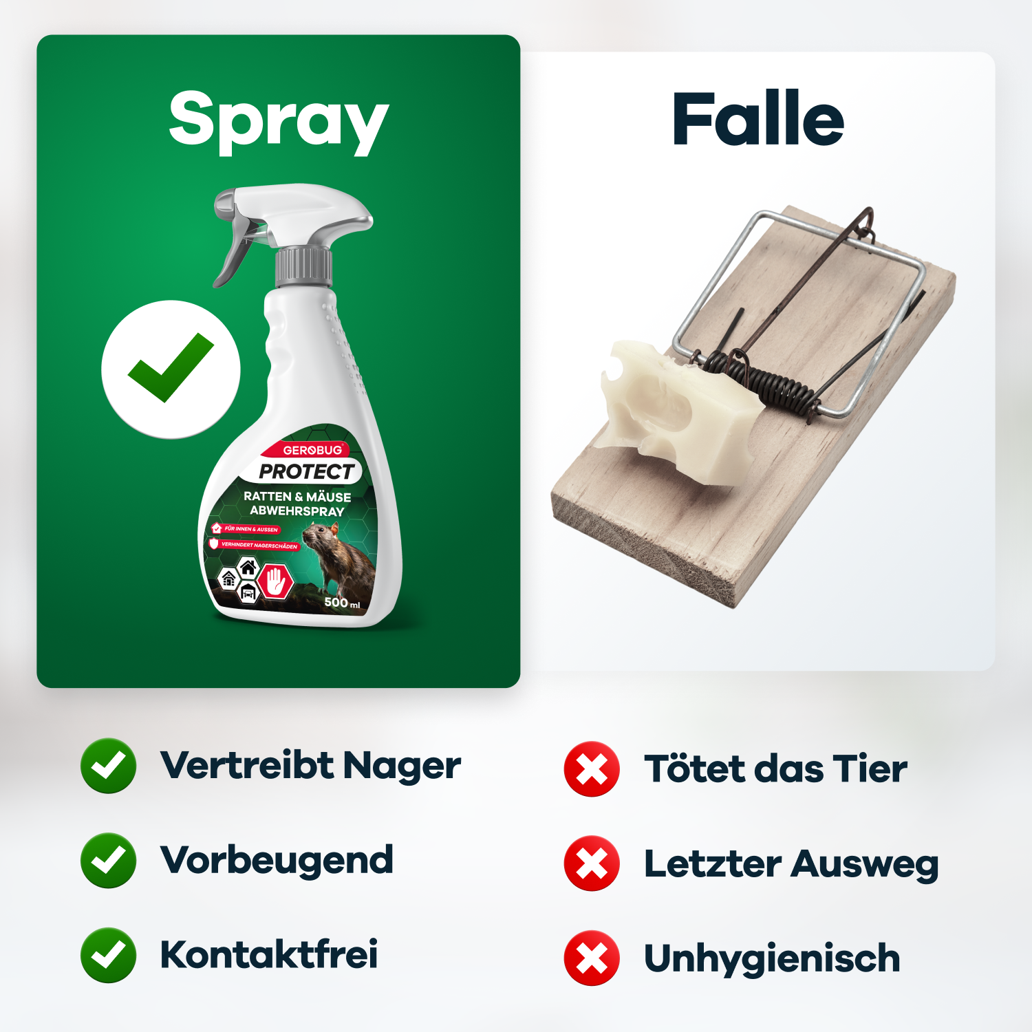 Bild von Ratten und Mäuse Abwehrspray mit grünem Haken dran- daneben Bild von Mäusefalle mit einem Stück Käse