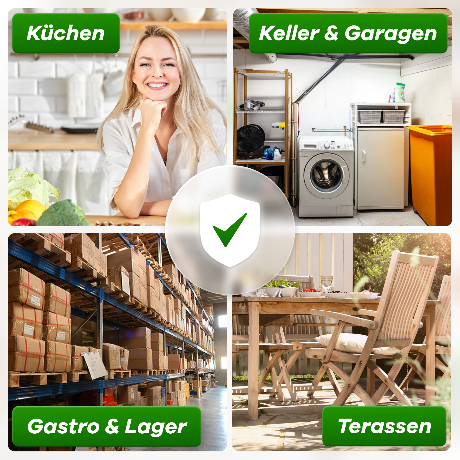 Eine Frau in der Küche, Kellerraum, Lager, Terasse