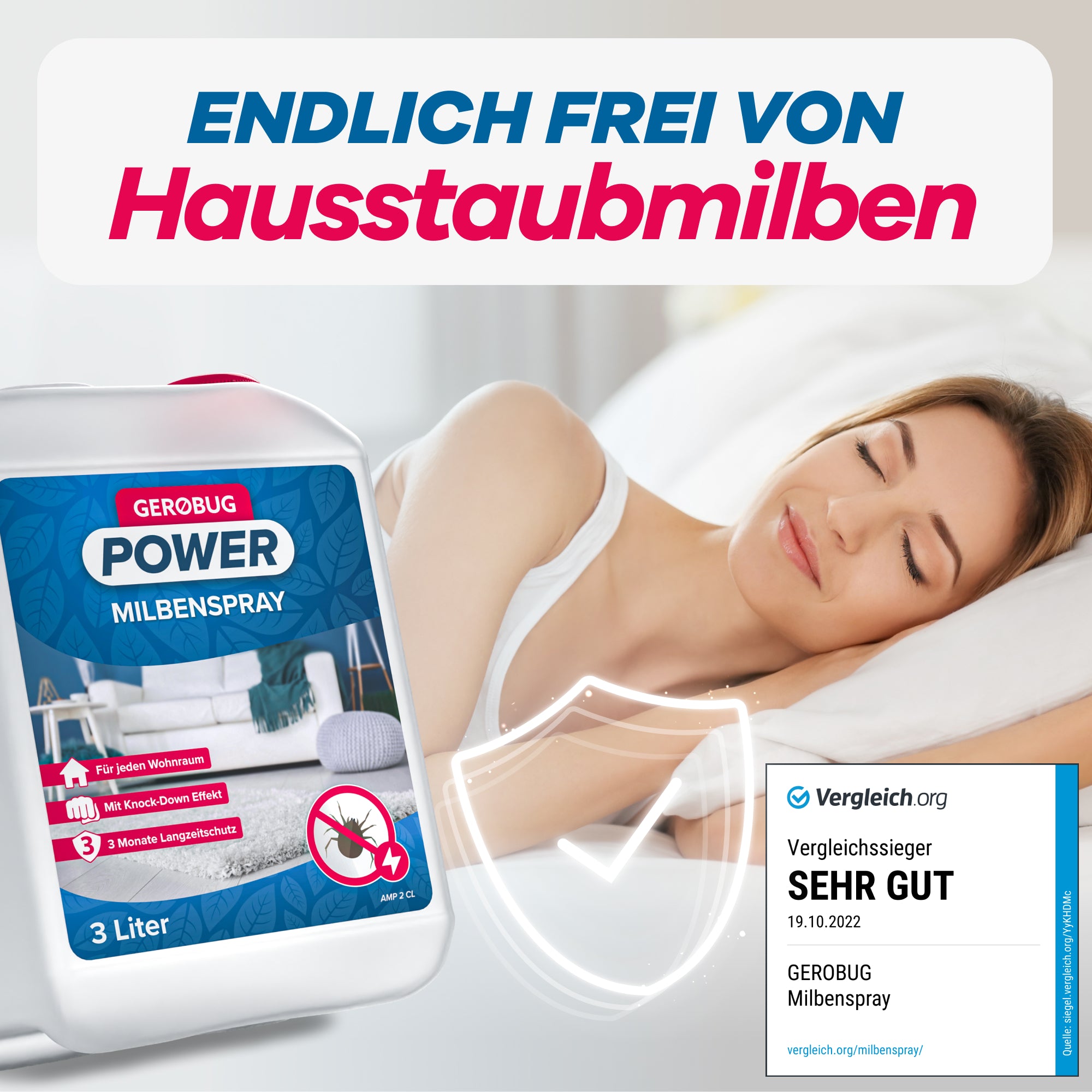 Frau schläft entspannt durch Milbenspray