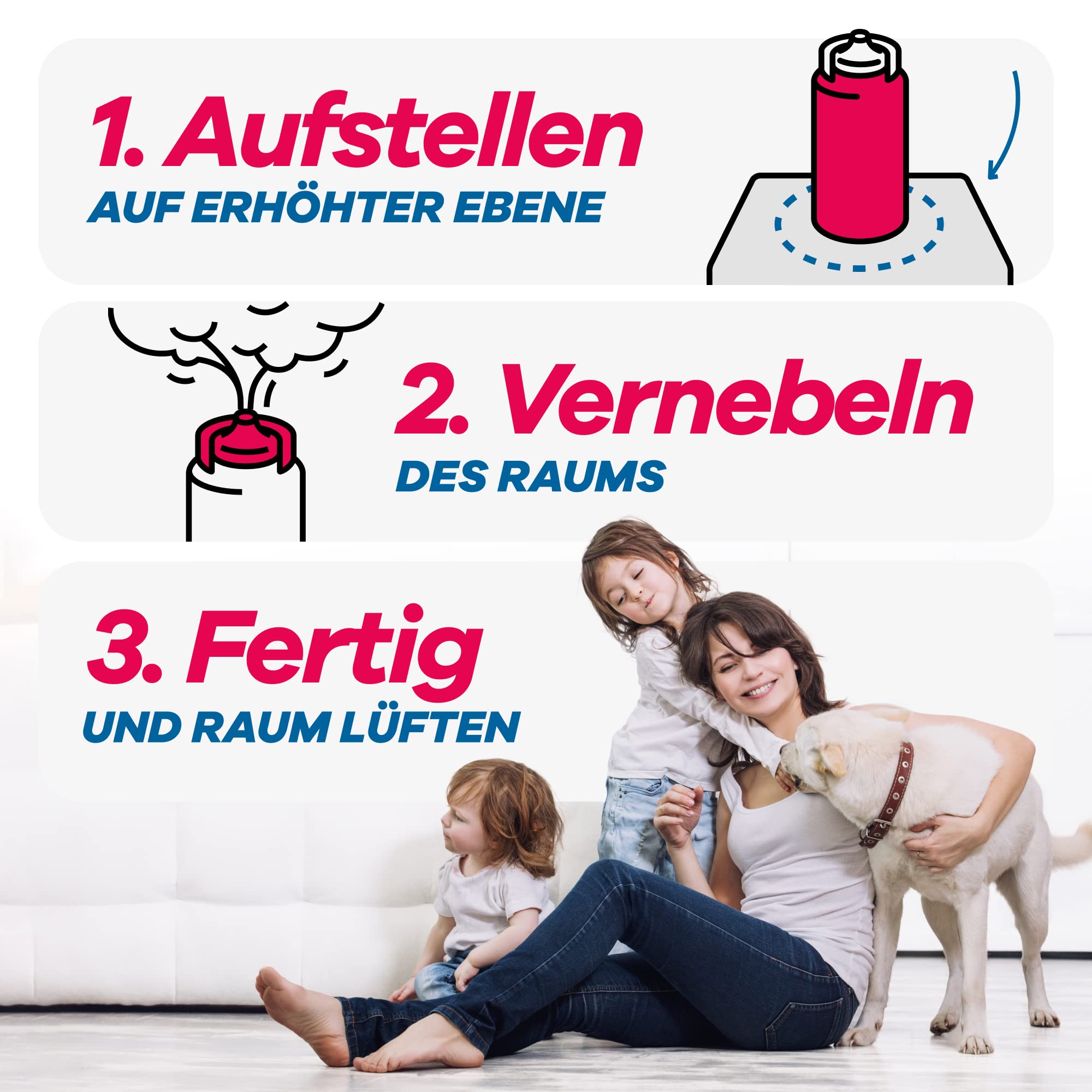 Schaben Vernebler Anleitung und Frau mit Kindern und Hund